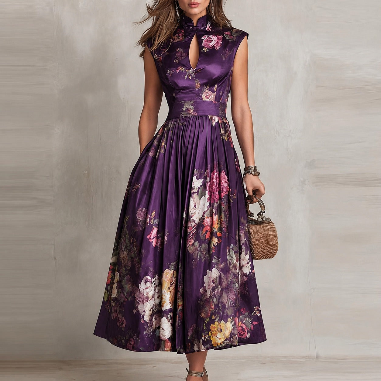 Dress Cambrie™ with Mandarin Collar, Keyhole Neckline and Floral A-Line Skirt