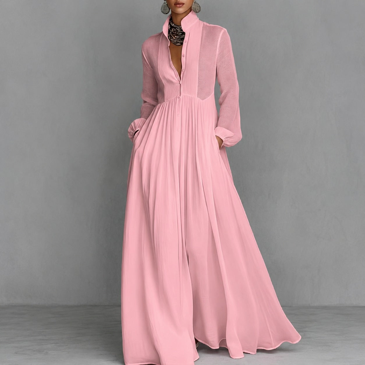 Dress Ardelle™ with Pleated Texture, Stand Collar and Flowy Skirt