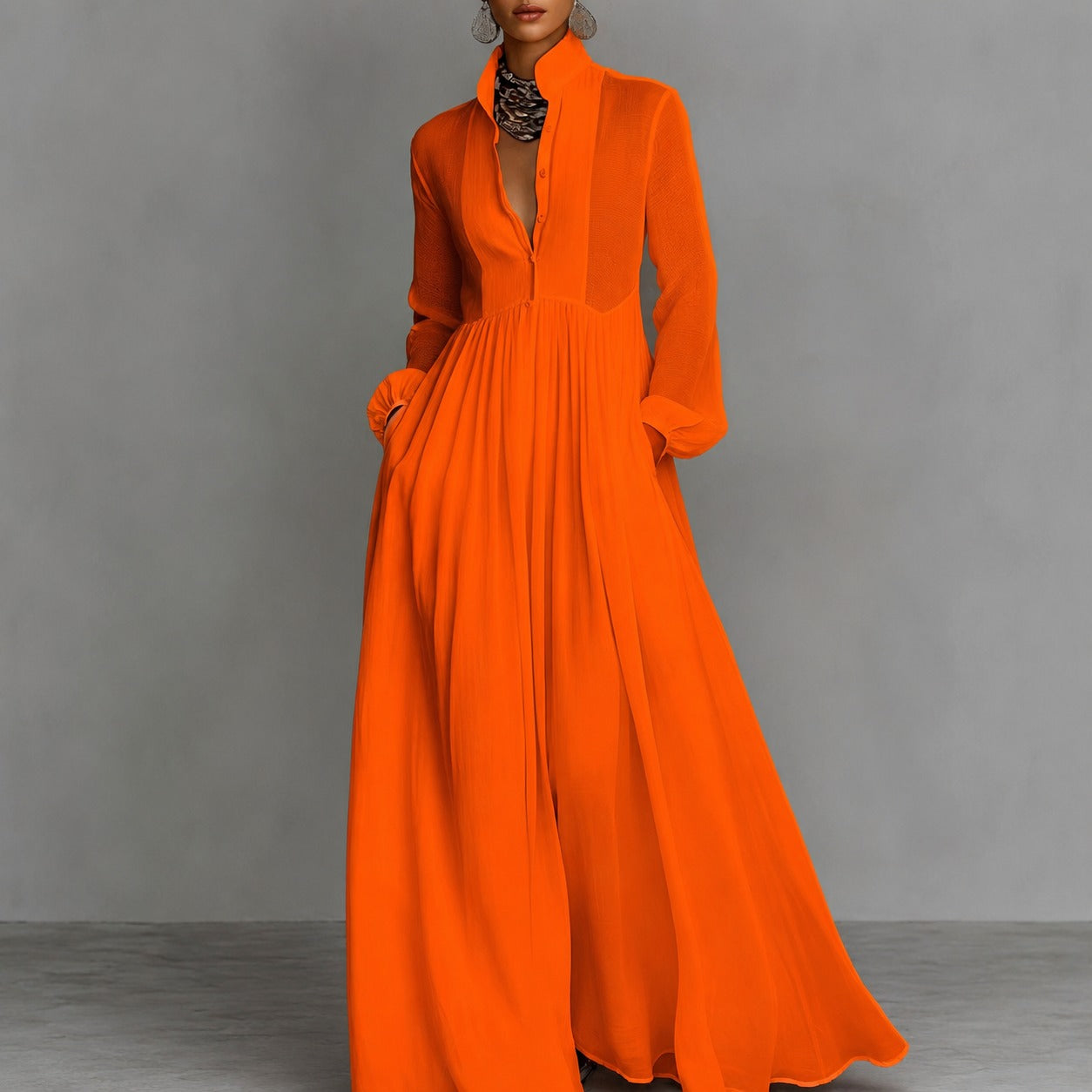 Dress Ardelle™ with Pleated Texture, Stand Collar and Flowy Skirt