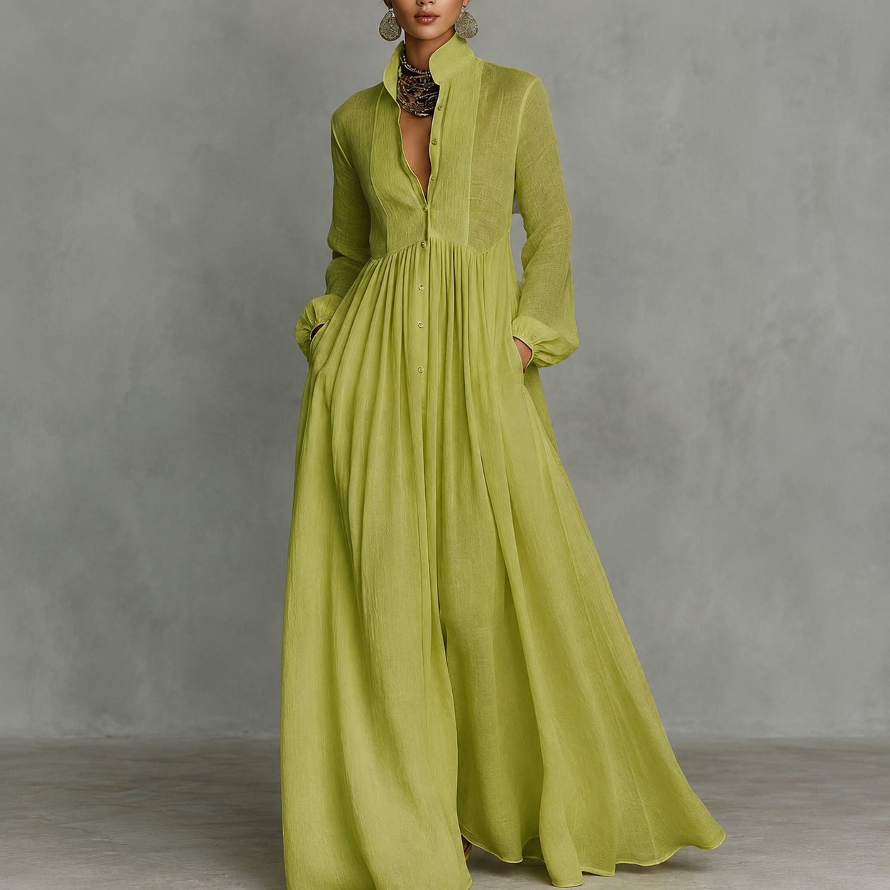 Dress Ardelle™ with Pleated Texture, Stand Collar and Flowy Skirt