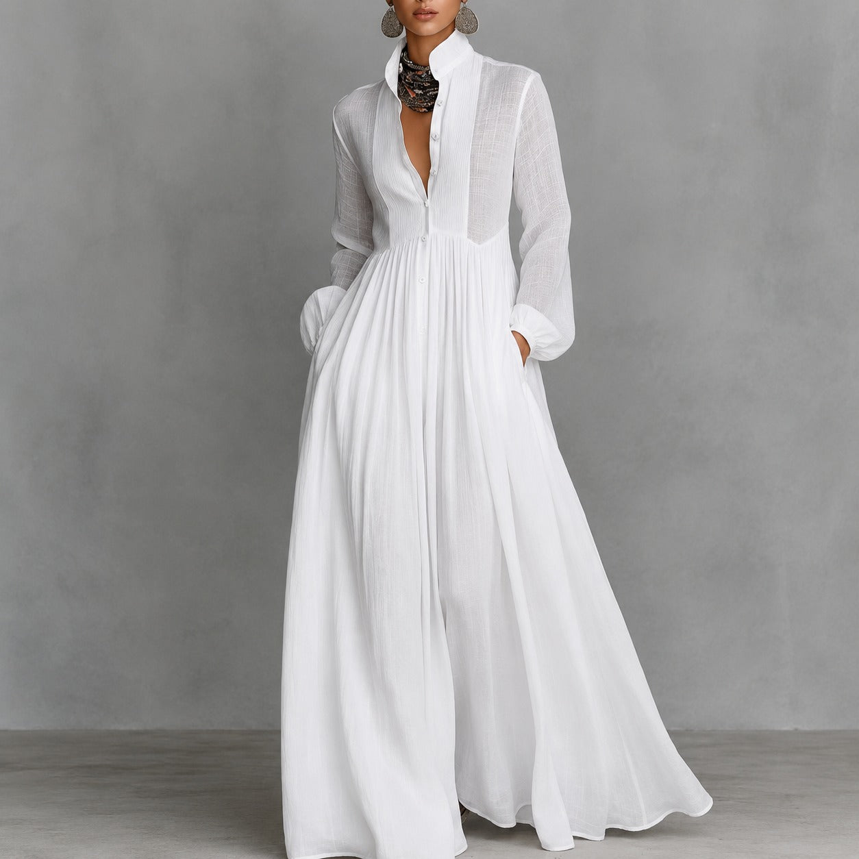 Dress Ardelle™ with Pleated Texture, Stand Collar and Flowy Skirt