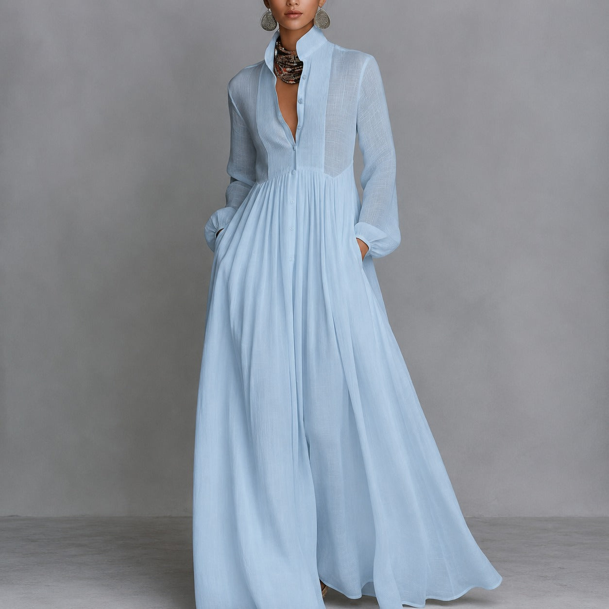 Dress Ardelle™ with Pleated Texture, Stand Collar and Flowy Skirt
