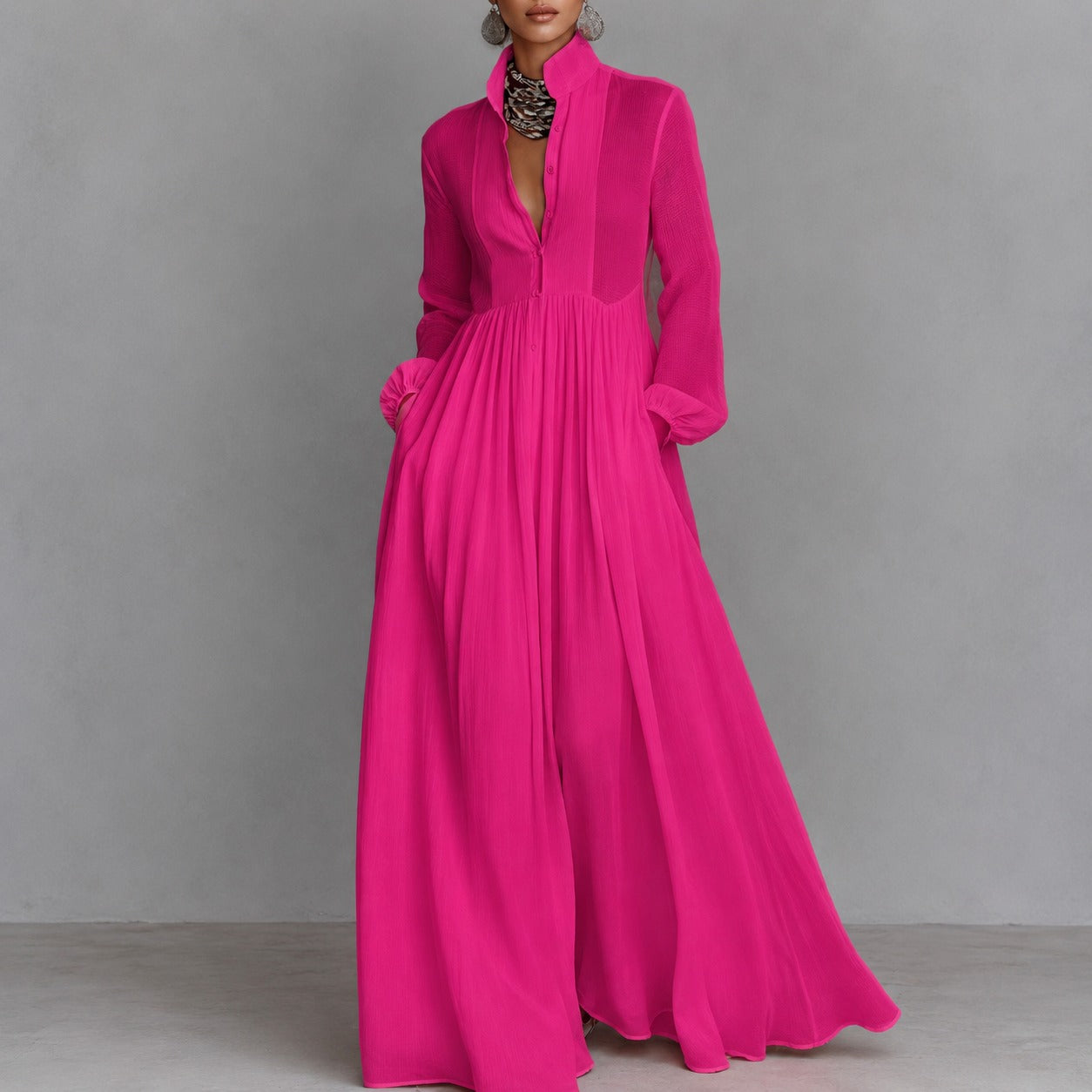 Dress Ardelle™ with Pleated Texture, Stand Collar and Flowy Skirt