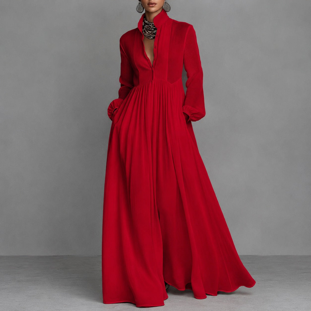 Dress Ardelle™ with Pleated Texture, Stand Collar and Flowy Skirt