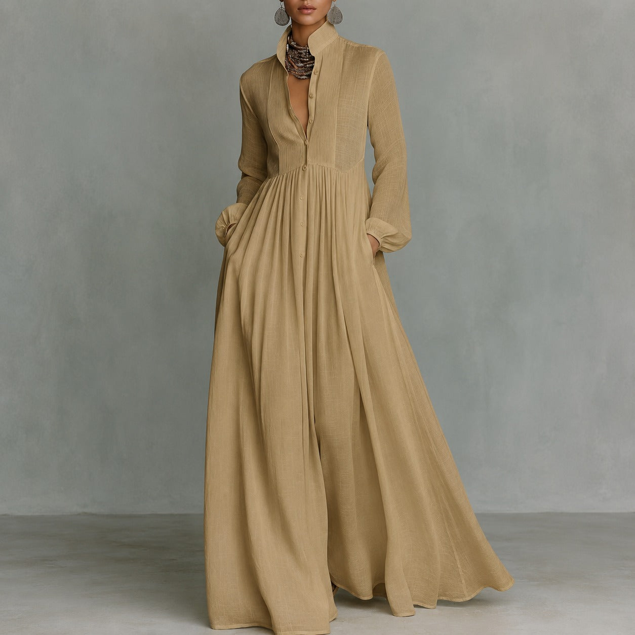 Dress Ardelle™ with Pleated Texture, Stand Collar and Flowy Skirt