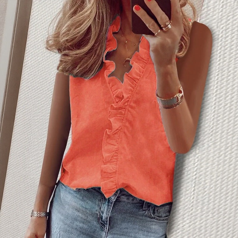 Violette™ Premium Chiffon Sleeveless Blouse With Front Ruffles And Relaxed Fit