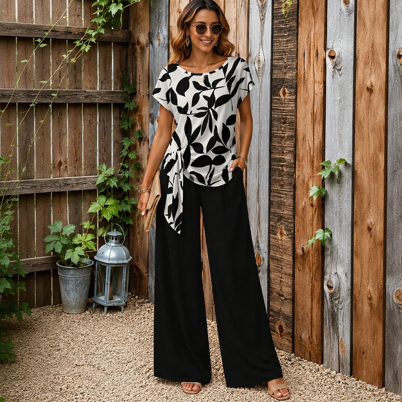Calandra™ Side-Draped Top Set With Elegant Wide-Leg Pants