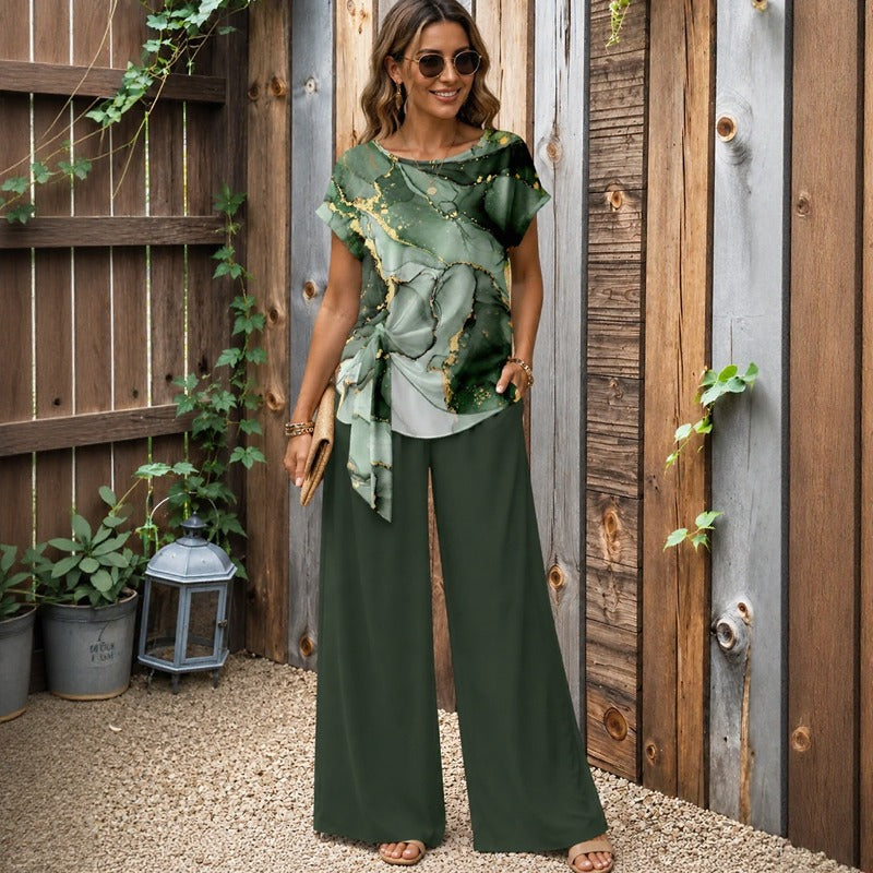 Calandra™ Side-Draped Top Set With Elegant Wide-Leg Pants