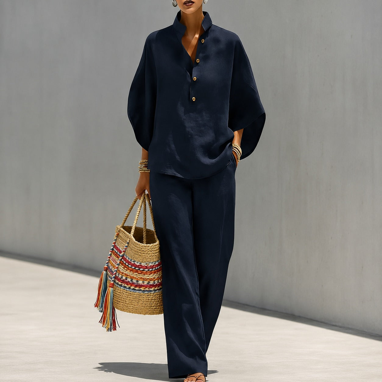 Liorena™ Set With a Wide-Sleeve Top and Full-Length Pants / A Complete Look for Travel and Refined Outings