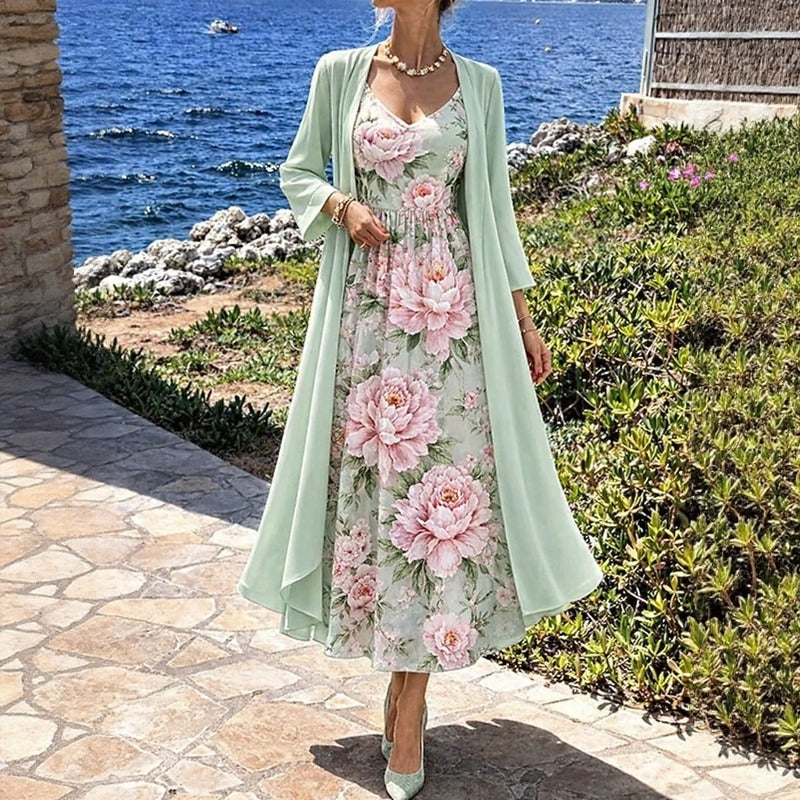 Florisse™ Midi Dress Set With Long Floral Cardigan