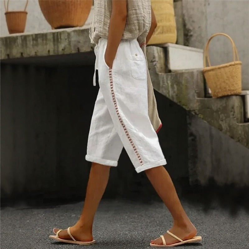 Tavina™ Cotton-Linen Cropped Wide-Leg Pants With Side Cutout Details