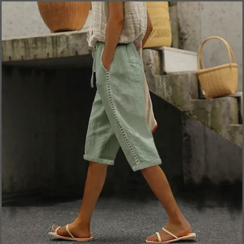 Tavina™ Cotton-Linen Cropped Wide-Leg Pants With Side Cutout Details