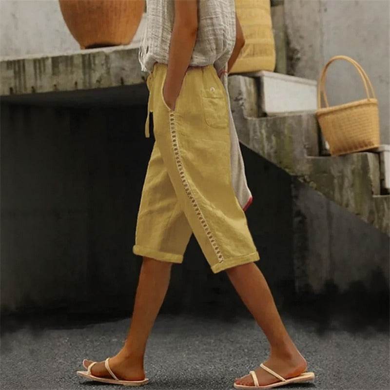 Tavina™ Cotton-Linen Cropped Wide-Leg Pants With Side Cutout Details