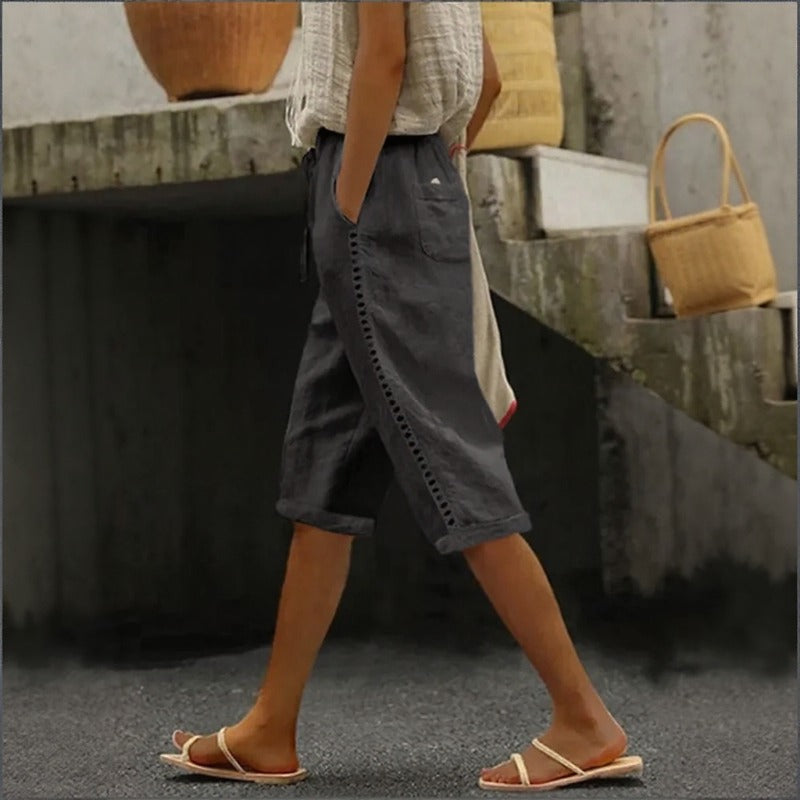Tavina™ Cotton-Linen Cropped Wide-Leg Pants With Side Cutout Details