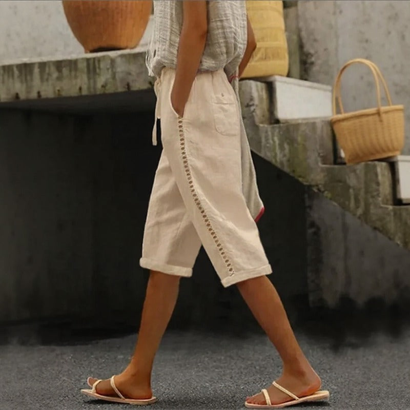Tavina™ Cotton-Linen Cropped Wide-Leg Pants With Side Cutout Details