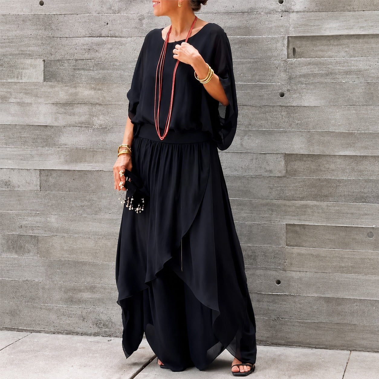 Set Evania™ with Batwing Top and Layered Wide-Leg Pants