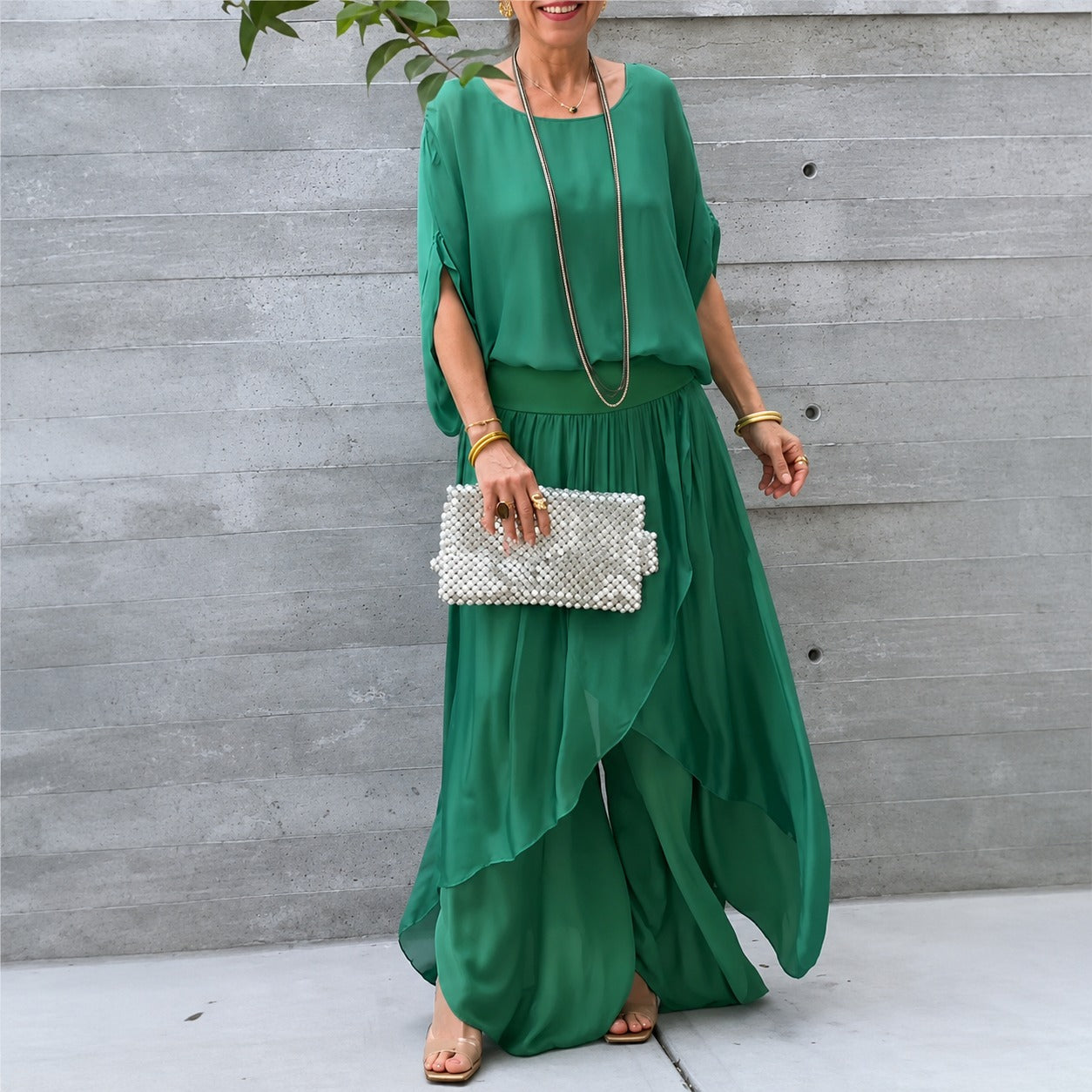 Set Evania™ with Batwing Top and Layered Wide-Leg Pants