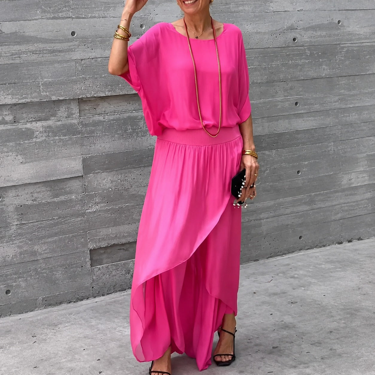 Set Evania™ with Batwing Top and Layered Wide-Leg Pants