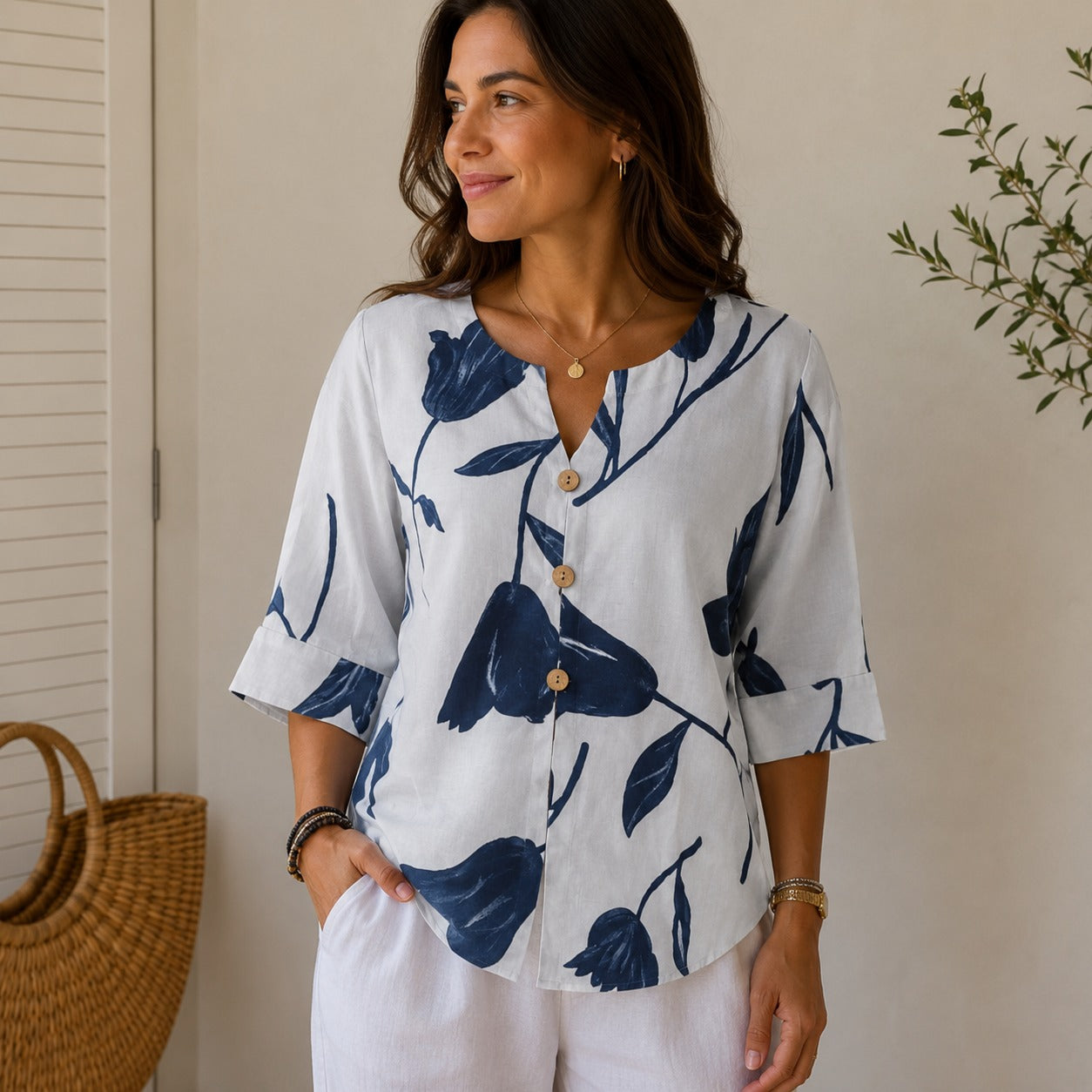 Blouse Sadie™ Linen-Cotton Blend with Floral Print, Notched Neck and Button-Front