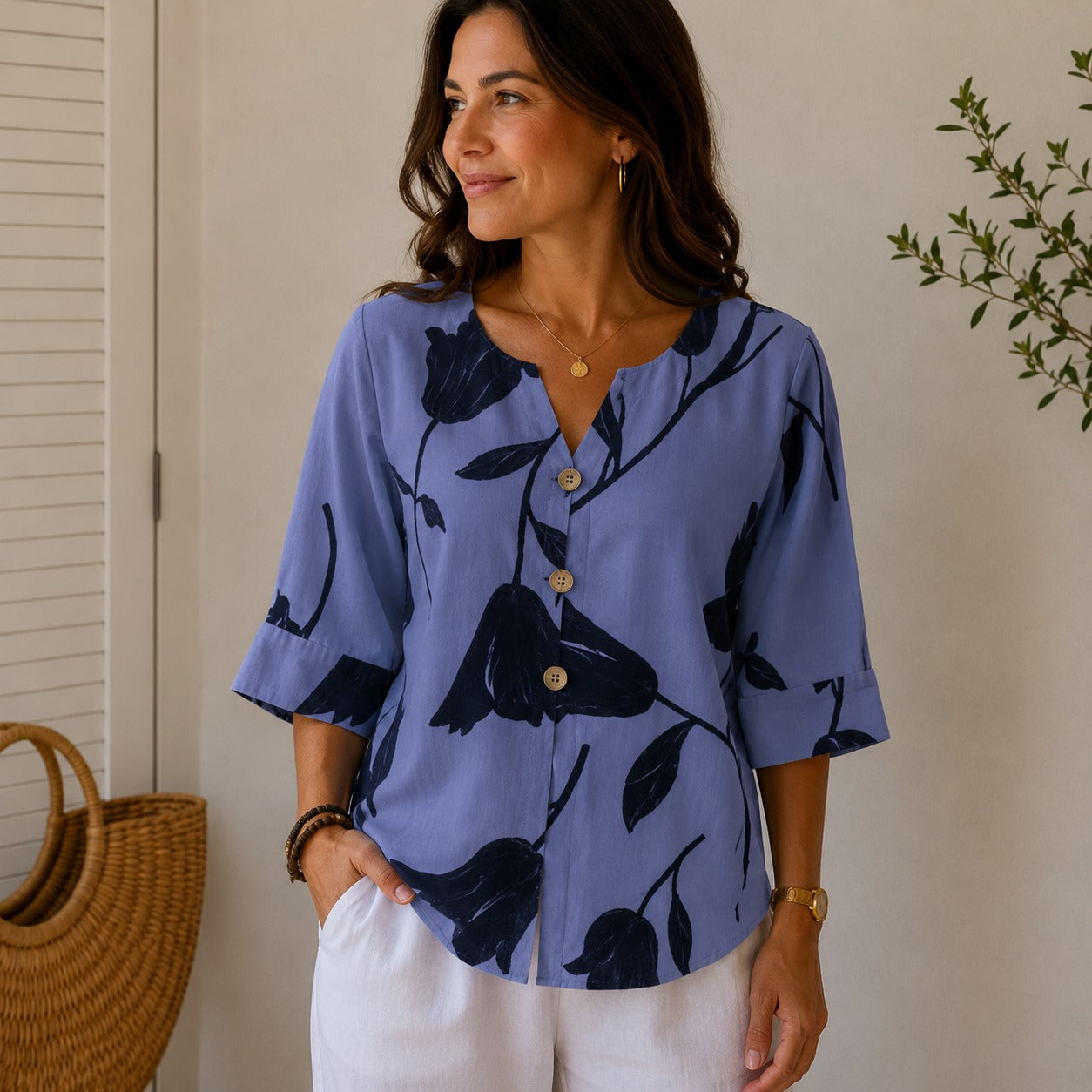 Blouse Sadie™ Linen-Cotton Blend with Floral Print, Notched Neck and Button-Front