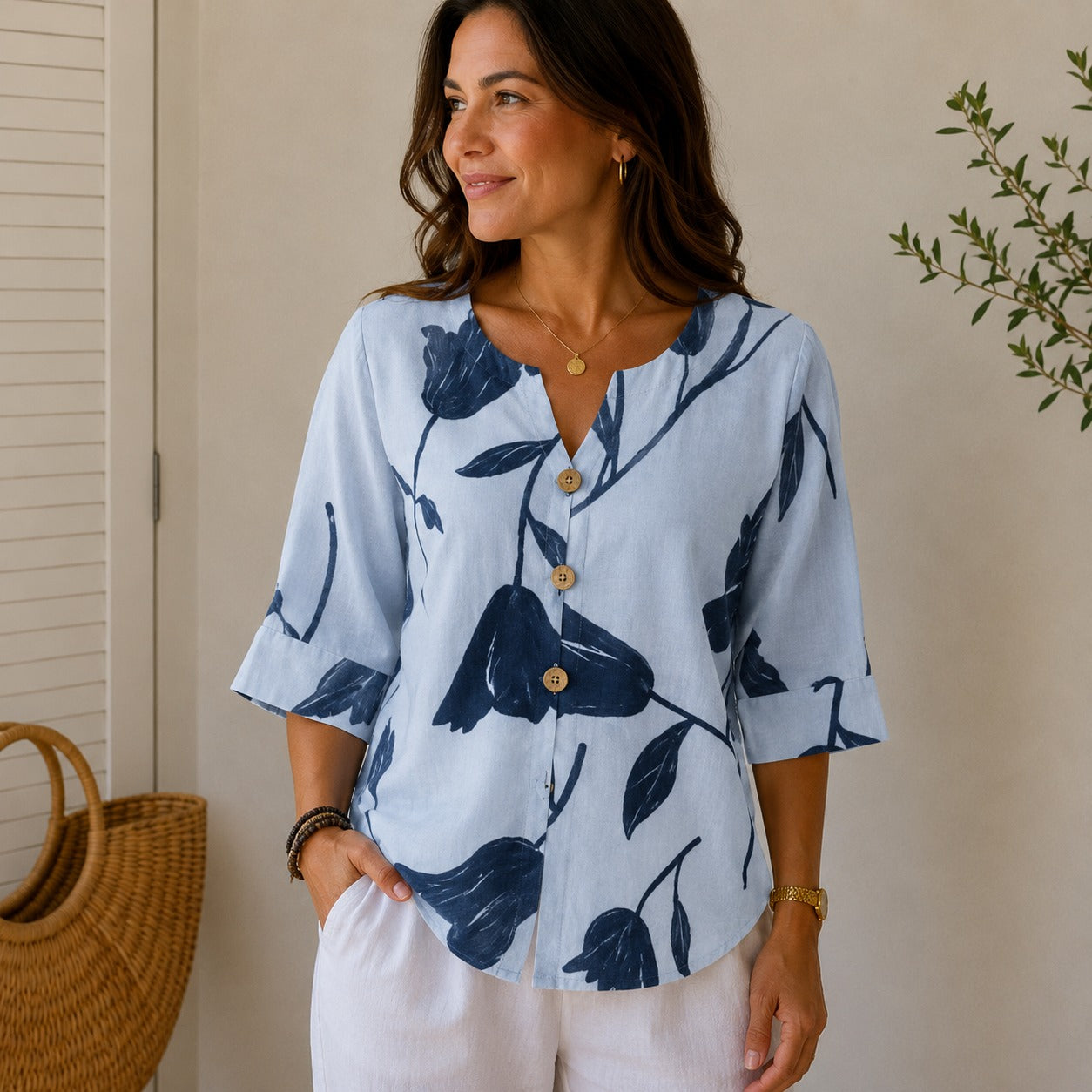 Blouse Sadie™ Linen-Cotton Blend with Floral Print, Notched Neck and Button-Front