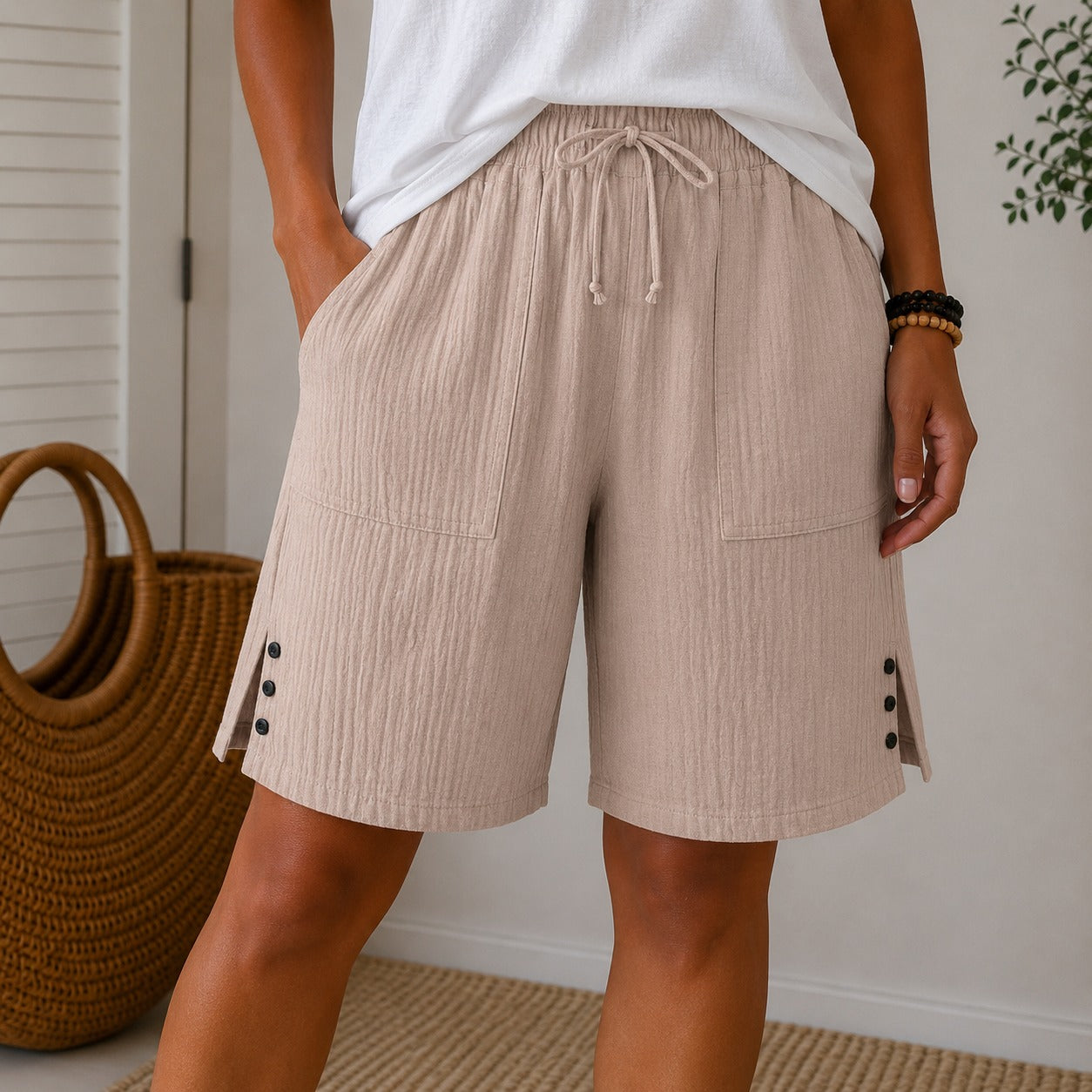 Auden™ Cotton-Linen Shorts with Drawstring Waist, Utility Pockets and Side Button Hem