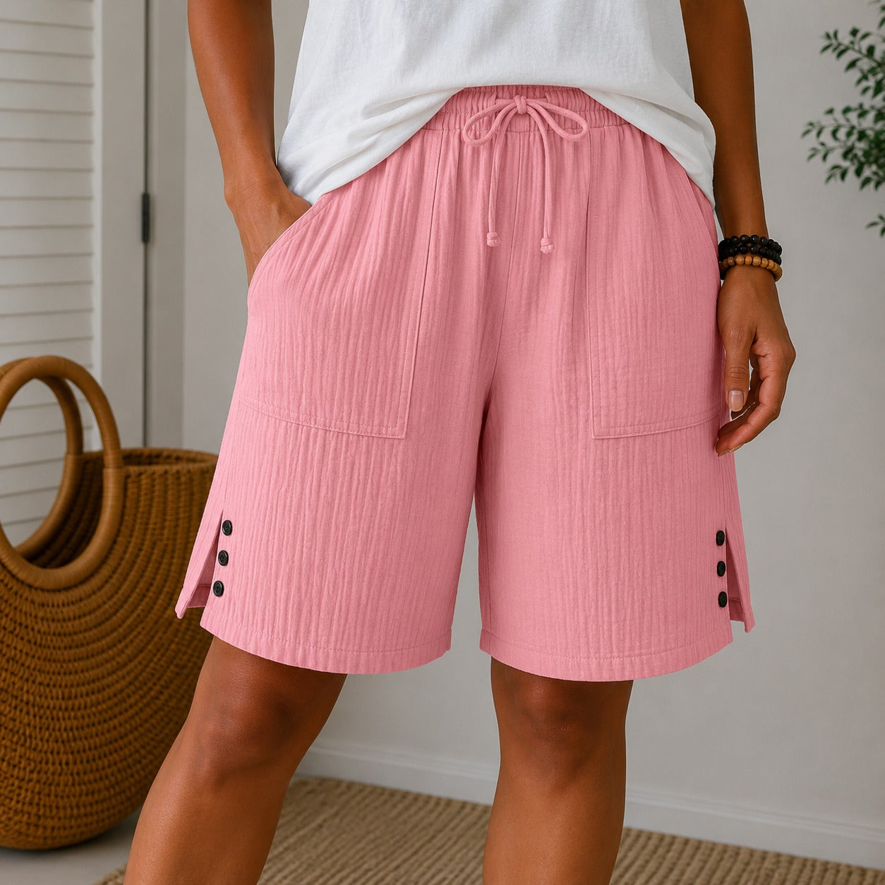 Auden™ Cotton-Linen Shorts with Drawstring Waist, Utility Pockets and Side Button Hem