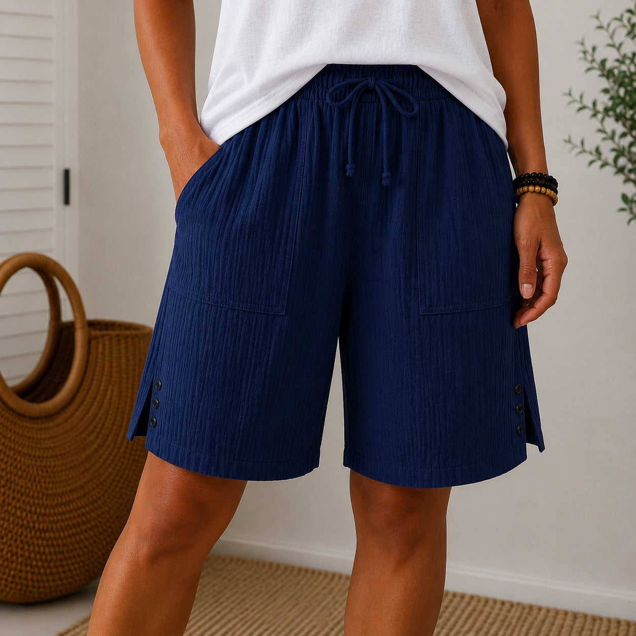 Auden™ Cotton-Linen Shorts with Drawstring Waist, Utility Pockets and Side Button Hem