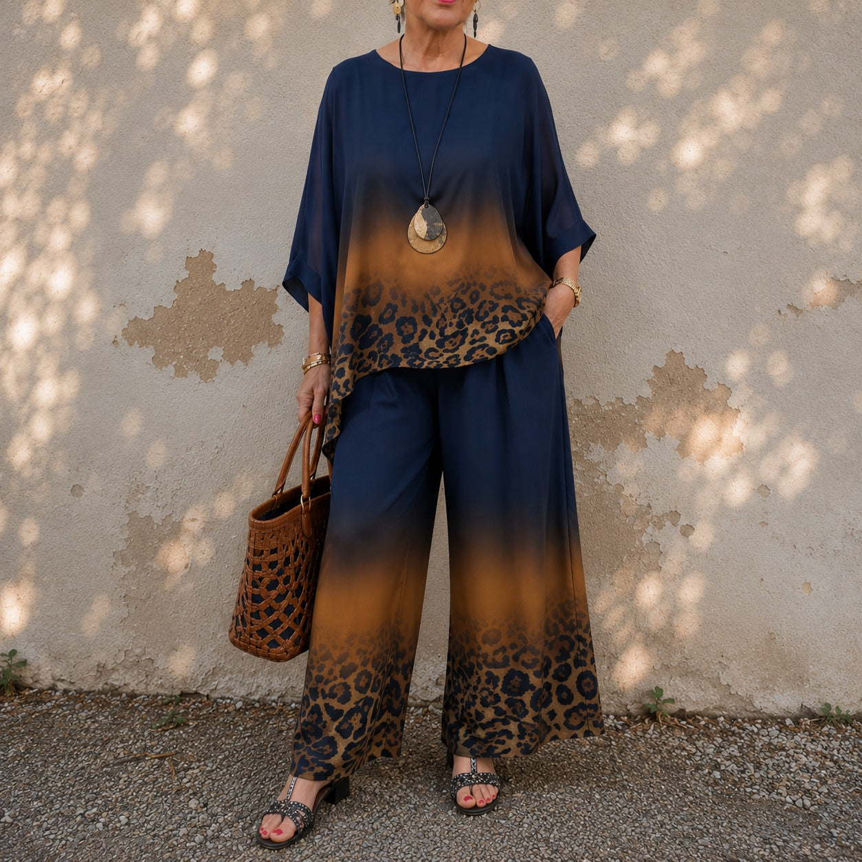 Set Olivienne™ with Asymmetrical Top, Ombré Animal Print and Wide-Leg Pants