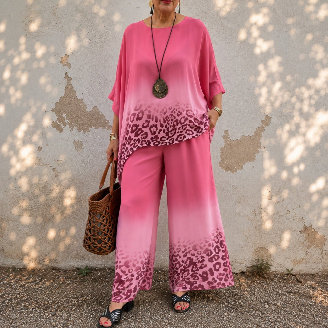 Set Olivienne™ with Asymmetrical Top, Ombré Animal Print and Wide-Leg Pants