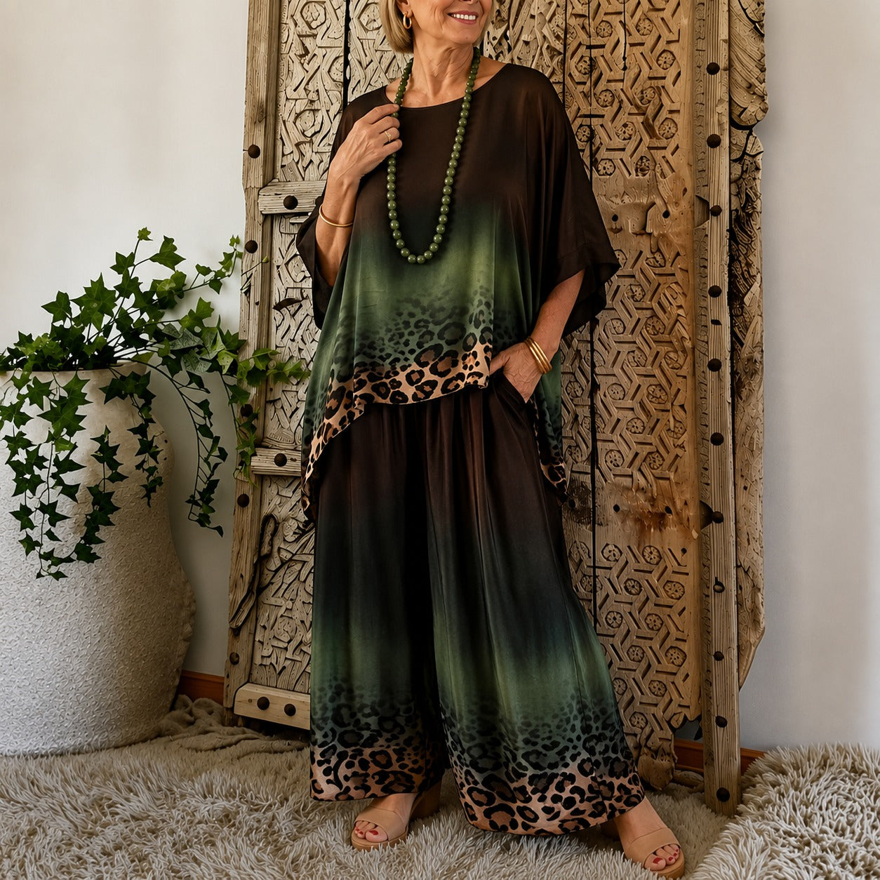 Set Olivienne™ with Asymmetrical Top, Ombré Animal Print and Wide-Leg Pants
