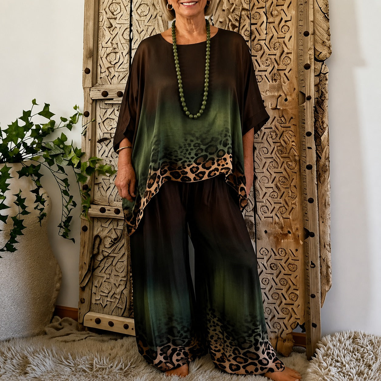 Set Olivienne™ with Asymmetrical Top, Ombré Animal Print and Wide-Leg Pants