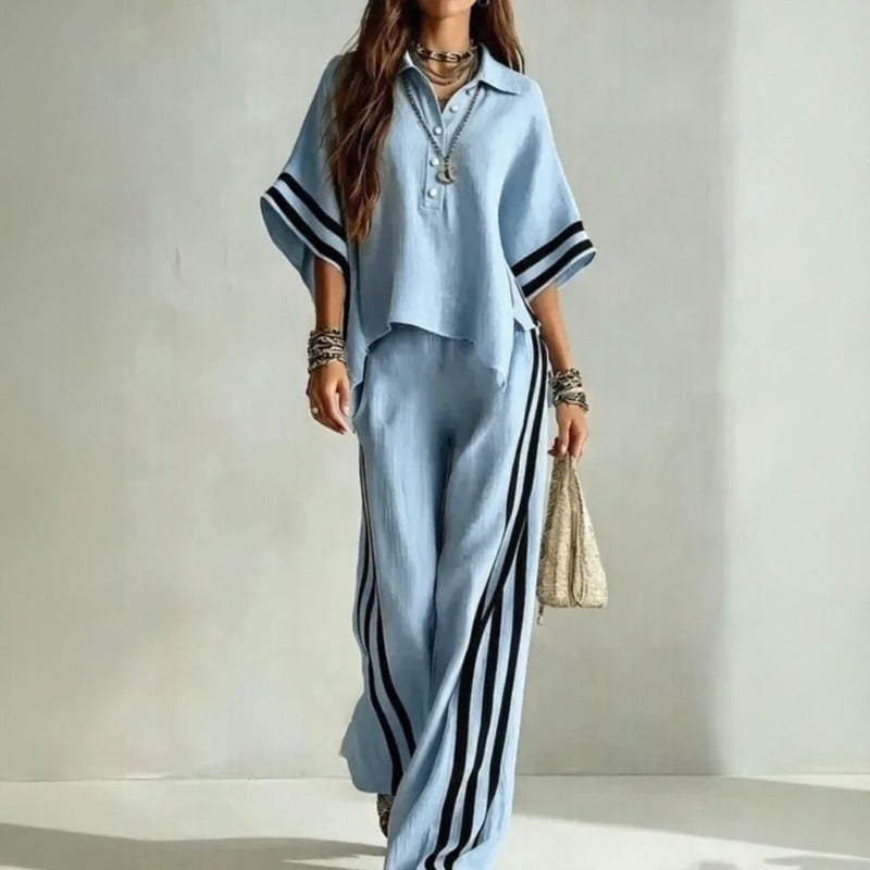 Vallena™ Wide-Sleeve Top and Palazzo Pants Set With Contrast Stripes