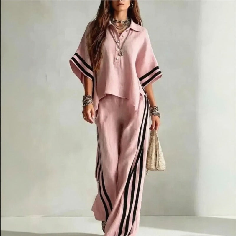 Vallena™ Wide-Sleeve Top and Palazzo Pants Set With Contrast Stripes