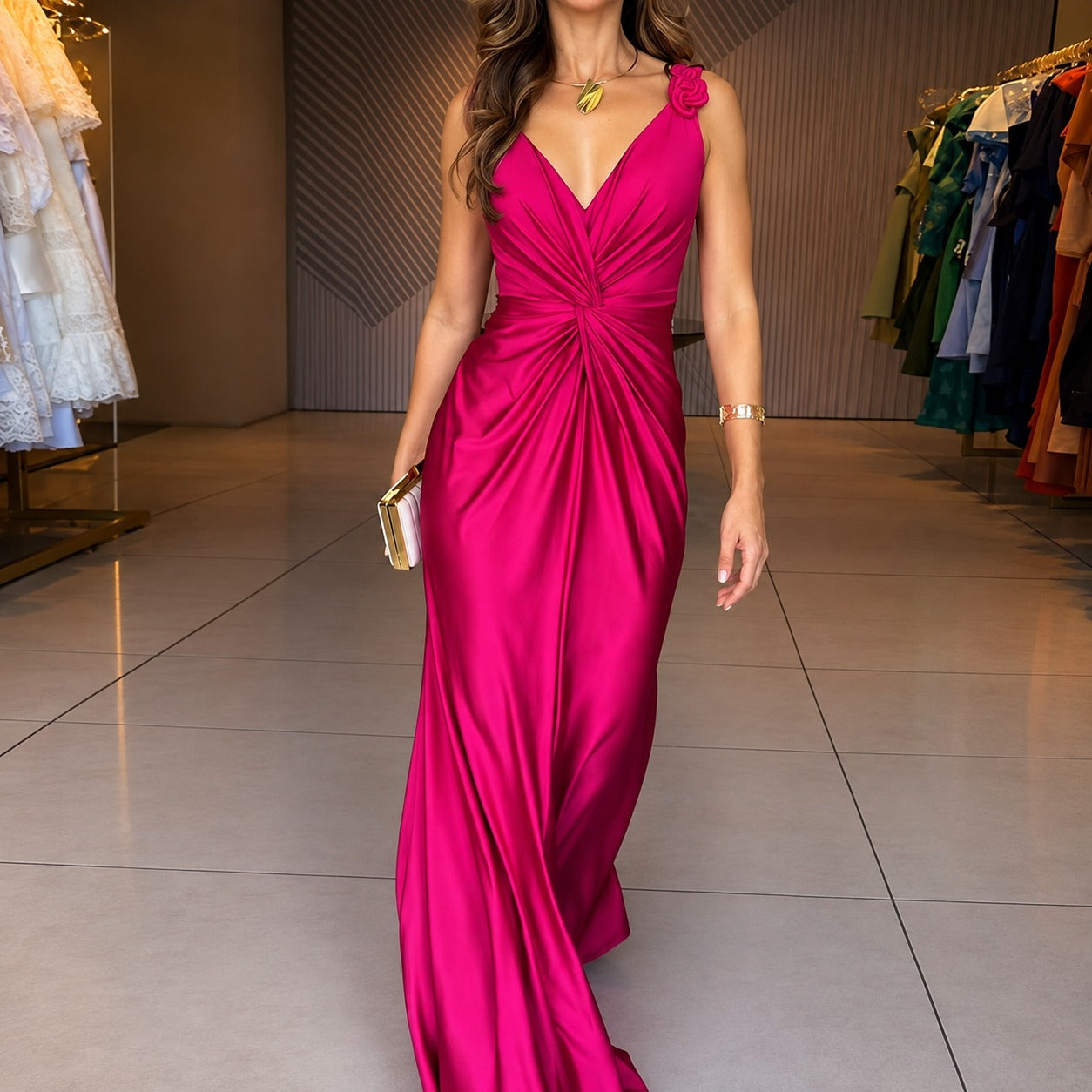 Dress Aureline™ with Flowy Drape, Sculpted Waist and V-Neck