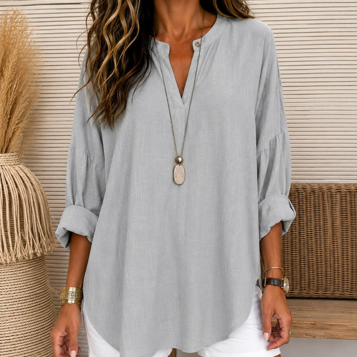 Blouse Lillian™ Cotton Linen with Split V-Neck and Relaxed Fit