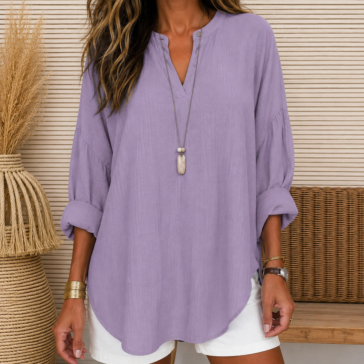 Blouse Lillian™ Cotton Linen with Split V-Neck and Relaxed Fit