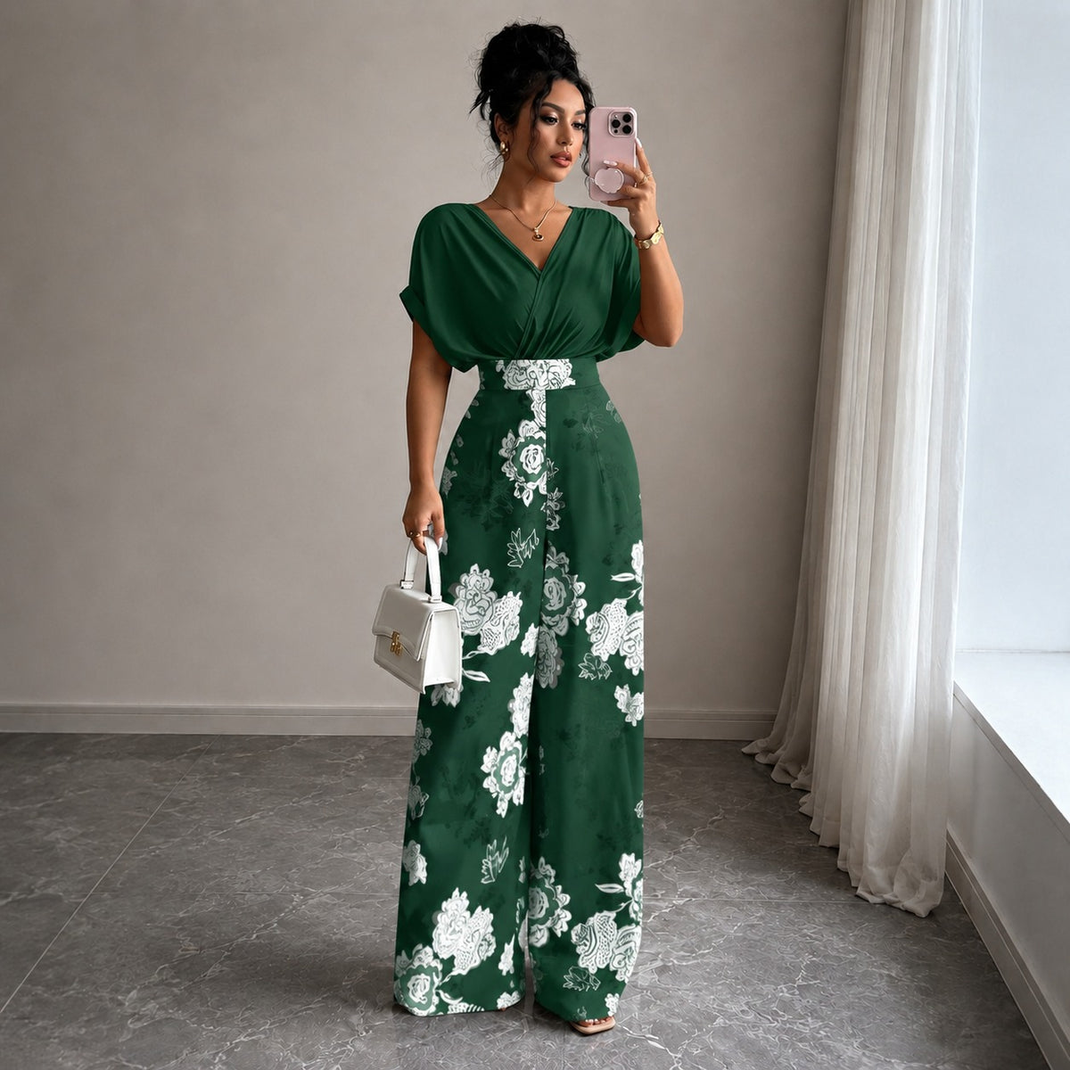 Jumpsuit Evelina™ with Draped V-Neck, Defined Waist and Wide-Leg Fit