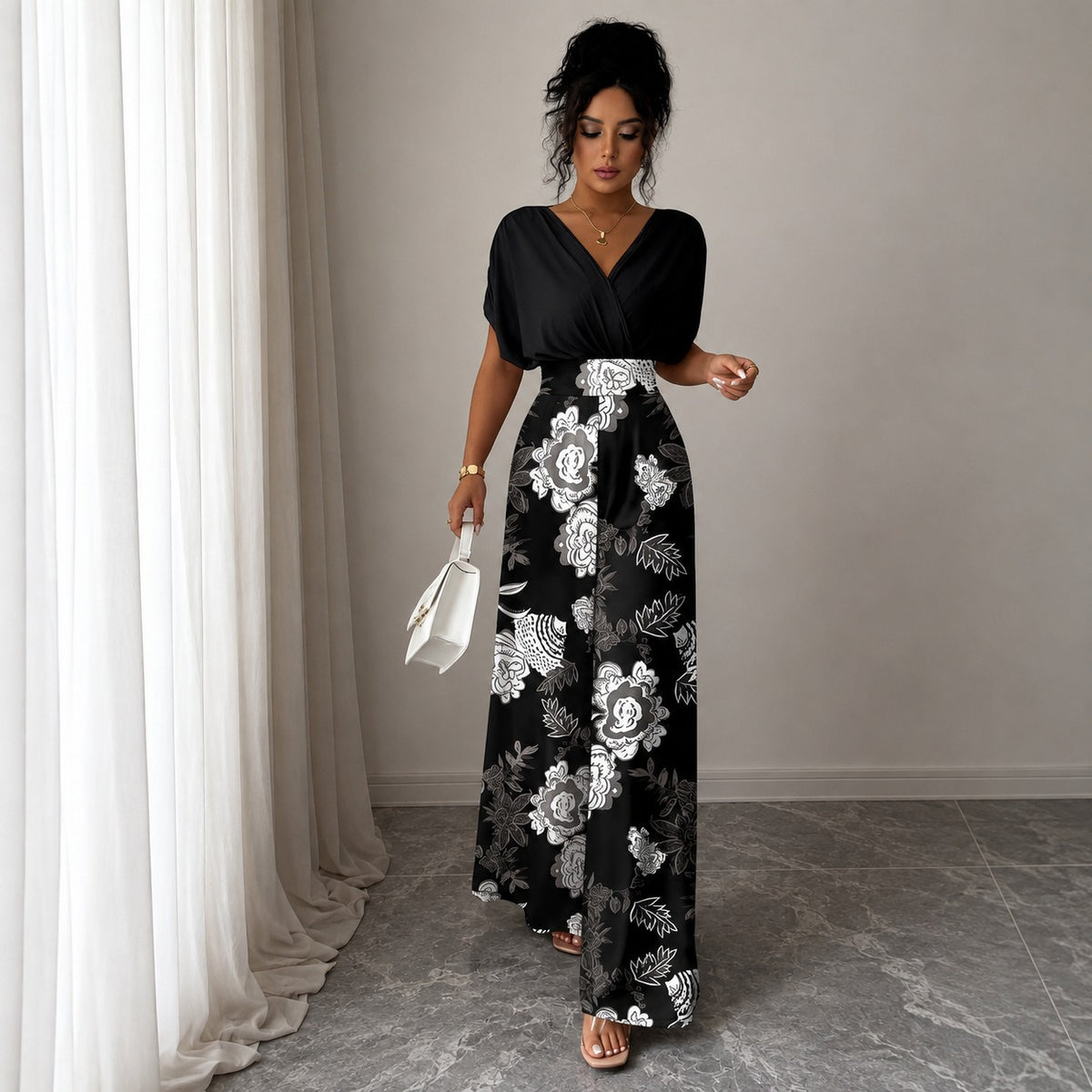 Jumpsuit Evelina™ with Draped V-Neck, Defined Waist and Wide-Leg Fit