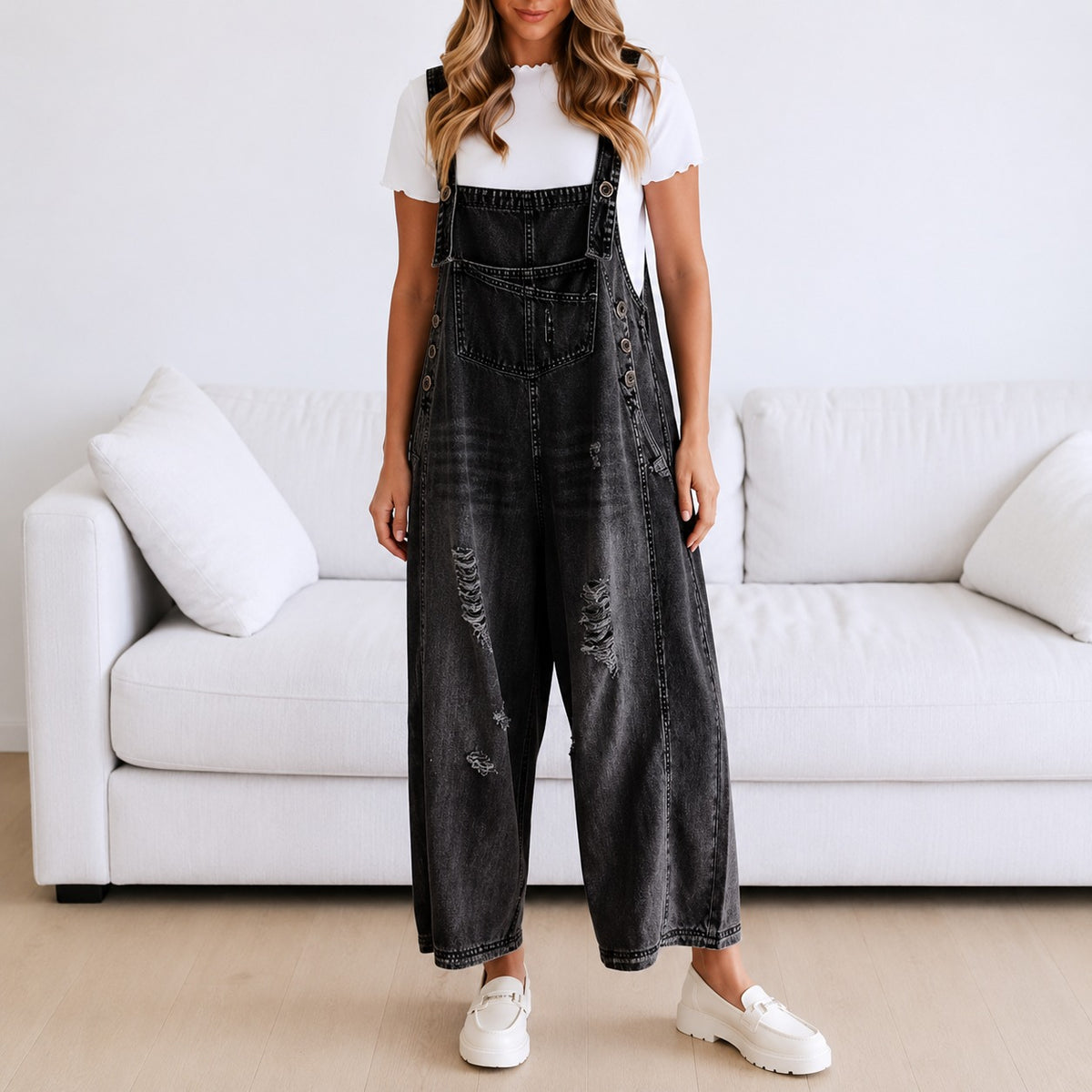 Overalls Sarah™ with Wide-Leg Fit and Distressed Denim