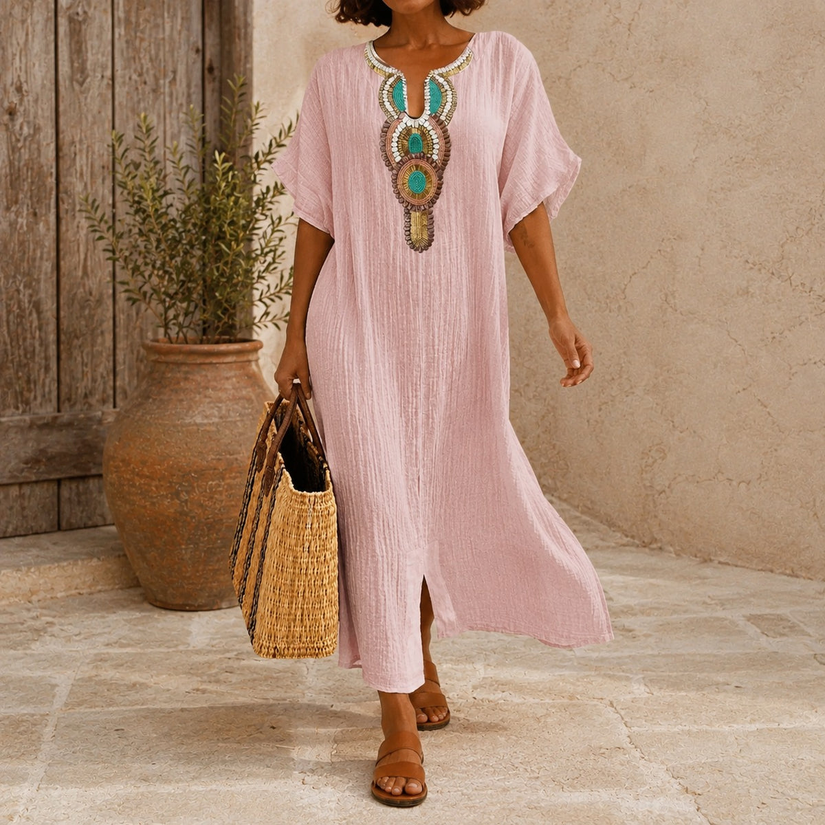 Amarena™ Linen-Cotton Dress with Artisanal Details and Relaxed Fit / Effortless Charm That Flatters the Figure and Feels Light