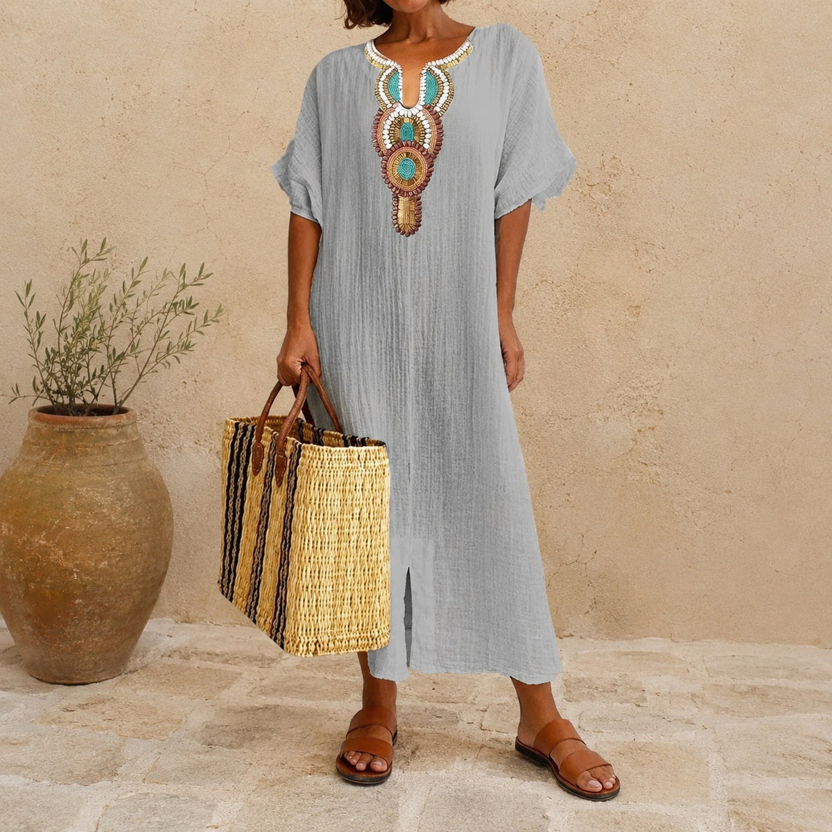 Amarena™ Linen-Cotton Dress with Artisanal Details and Relaxed Fit / Effortless Charm That Flatters the Figure and Feels Light