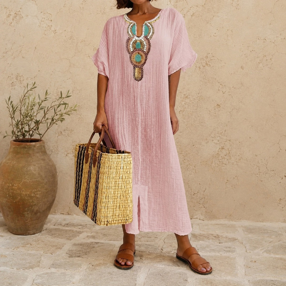 Amarena™ Linen-Cotton Dress with Artisanal Details and Relaxed Fit / Effortless Charm That Flatters the Figure and Feels Light