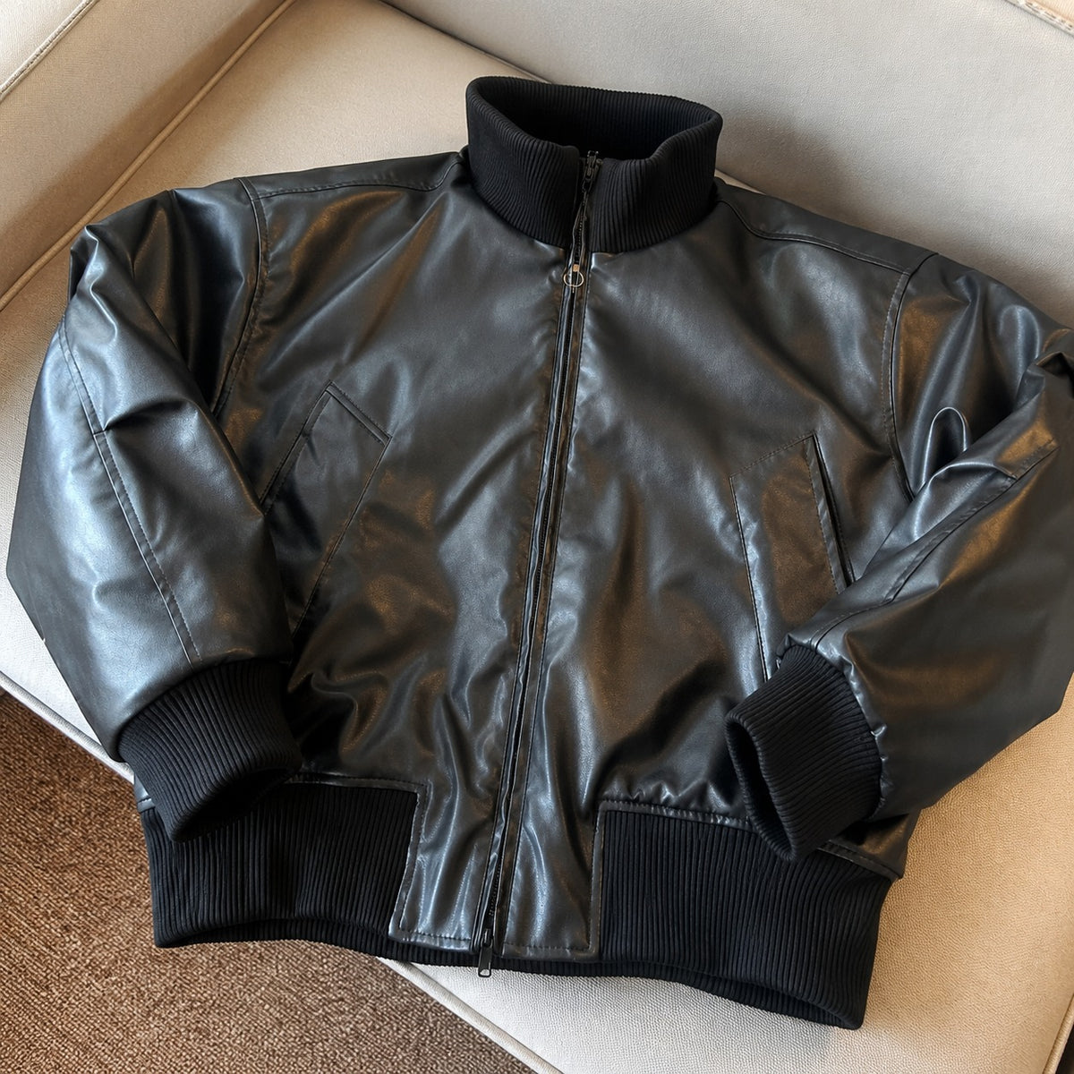 Travis™ Leather Bomber Jacket with Ribbed Collar and Cuffs