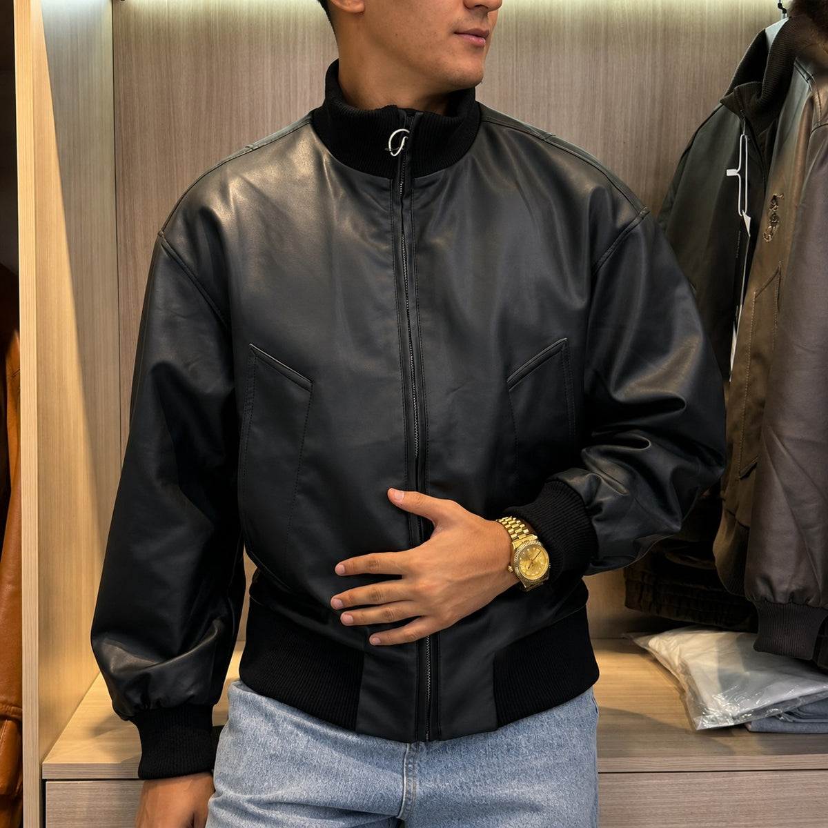 Travis™ Leather Bomber Jacket with Ribbed Collar and Cuffs