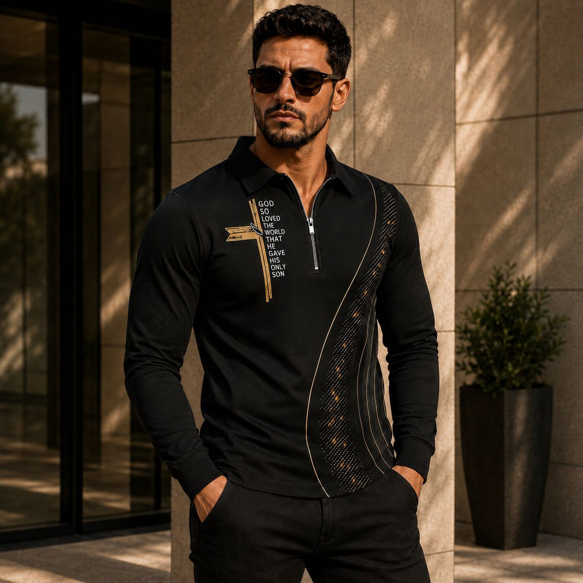 Shirt Blaine™ with Gold Accents, Textured Panel and Half-Zip Collar