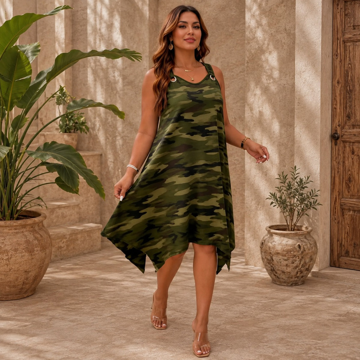 Dress Taryn™ with Camo Print, Asymmetric Hem and Flowy Drape