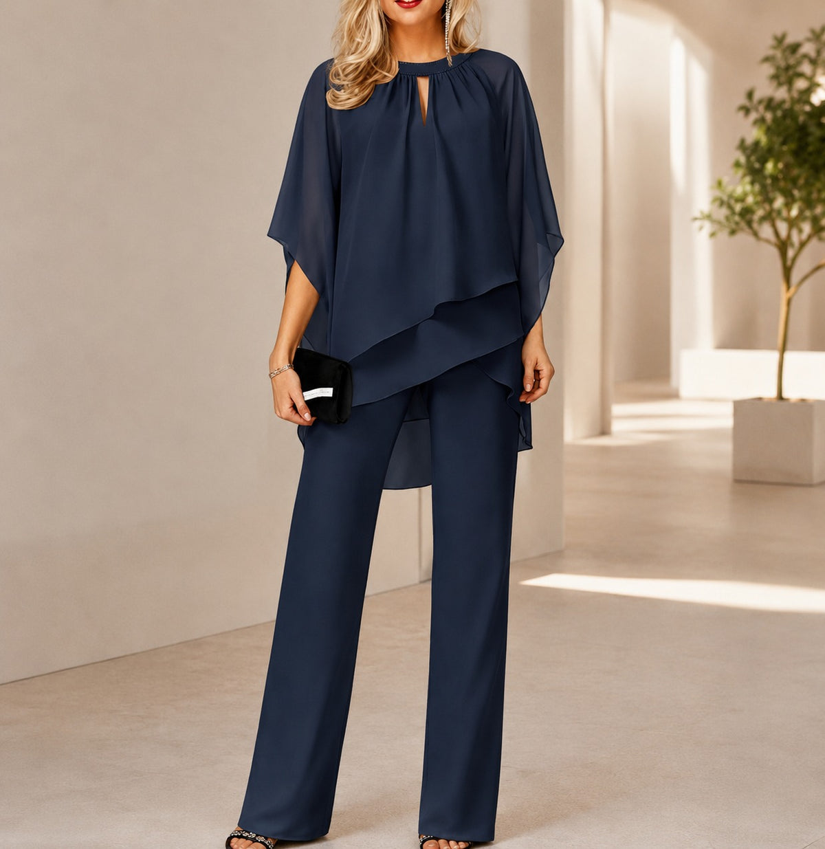 Celinne™ Set with Chiffon Blouse, High-Low Hem and Sophisticated Straight-Leg Pants / A Complete Look for Special Occasions
