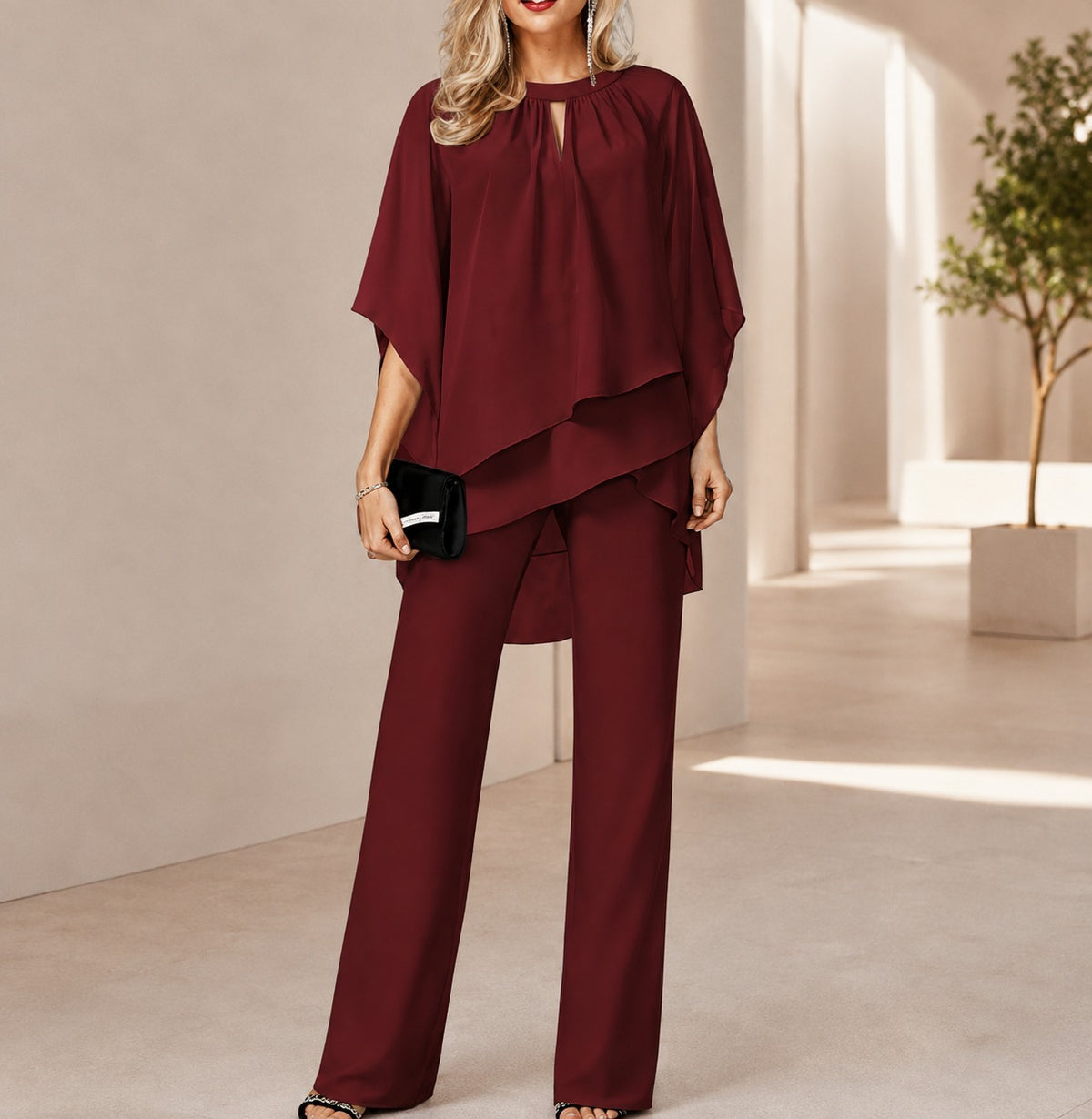 Celinne™ Set with Chiffon Blouse, High-Low Hem and Sophisticated Straight-Leg Pants / A Complete Look for Special Occasions