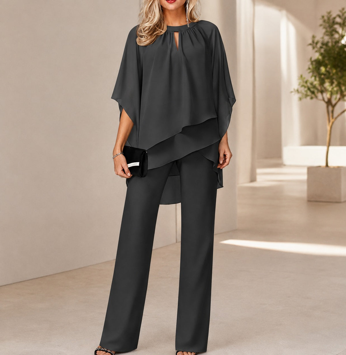 Celinne™ Set with Chiffon Blouse, High-Low Hem and Sophisticated Straight-Leg Pants / A Complete Look for Special Occasions